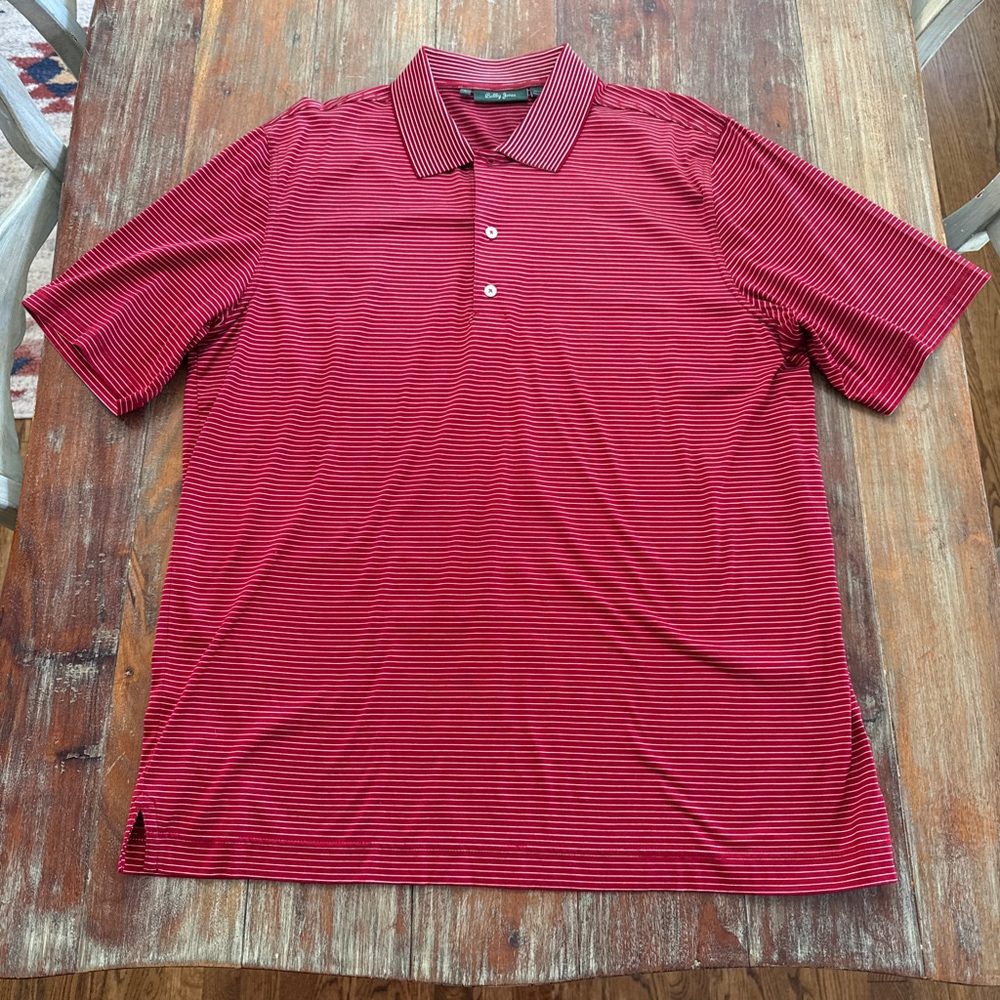 Bobby Jones Golf Polo Shirt Mens Large Red White Striped 100% Cotton Player Logo